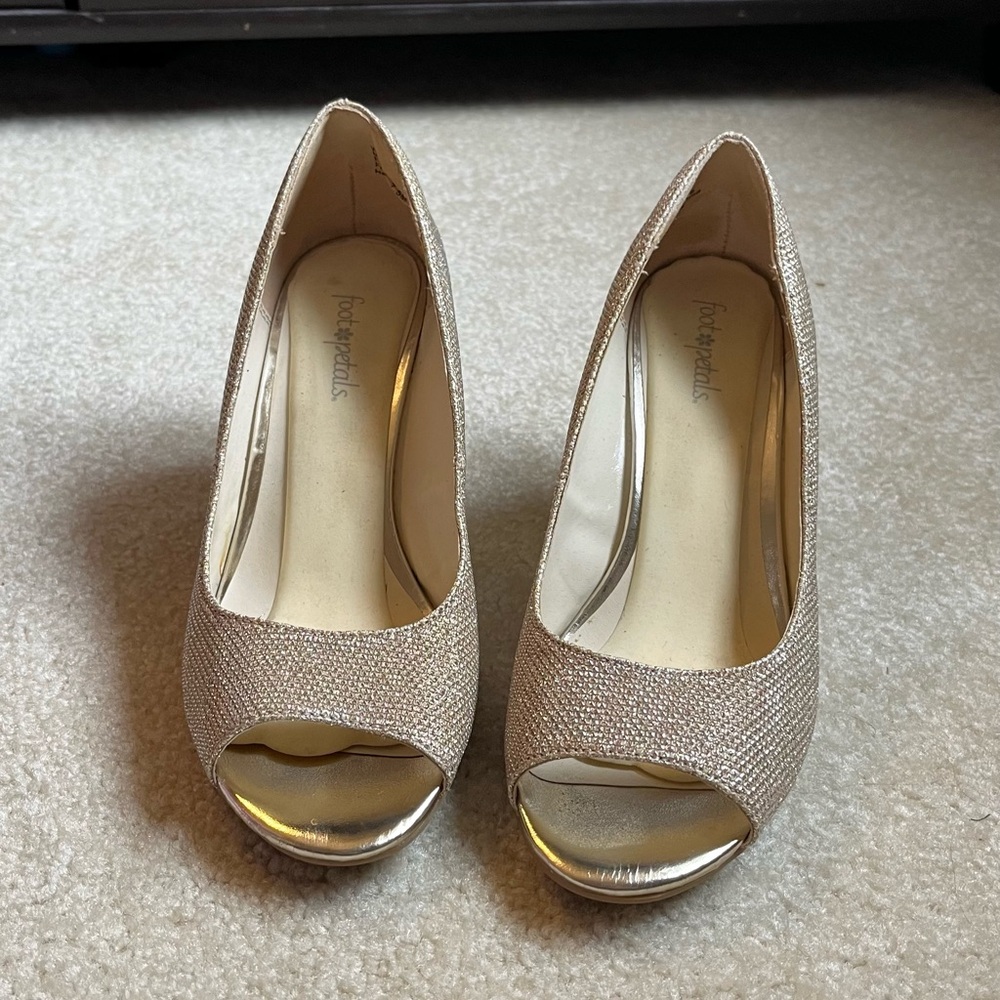 Gold Peep Toe Wedge Heels